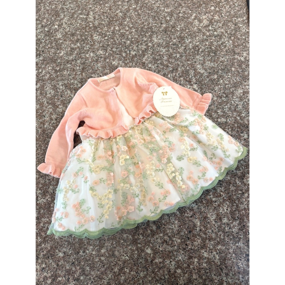 American Princess Dress Set Baby Size 12M‎ Peach Multi Floral Embroidered